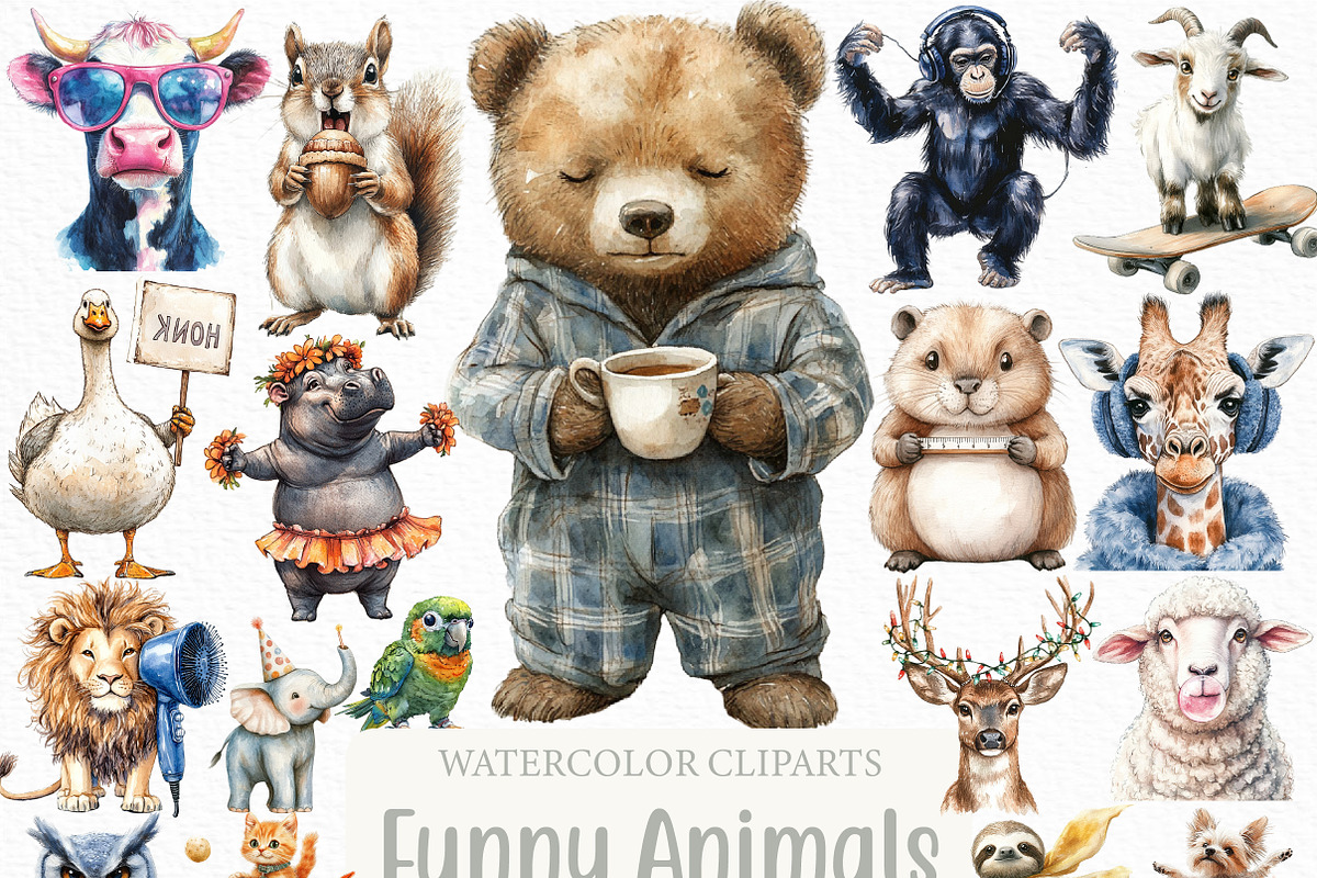 Watercolor Funny Animals Clipart, an Illustration by Craft Nest (Photo 1 of 6)