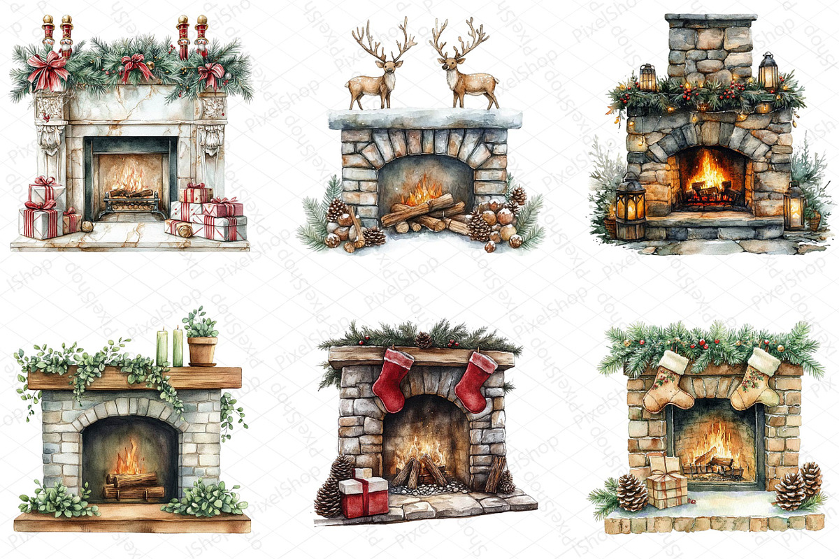 Watercolor Christmas Fireplace Clipa, an Illustration by DreamPrint404 (Photo 4 of 5)