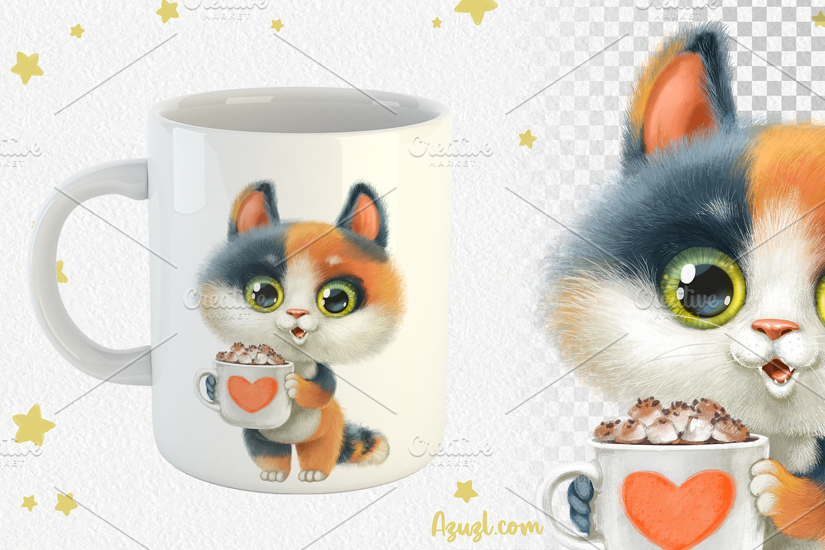 Multi-colored kitten with big cup, an Animal Illustration by Azuzlikus (Photo 2 of 3)