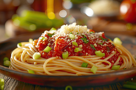 A plate of spaghetti topped with Bol, a Photo by LOGOCREATIVE