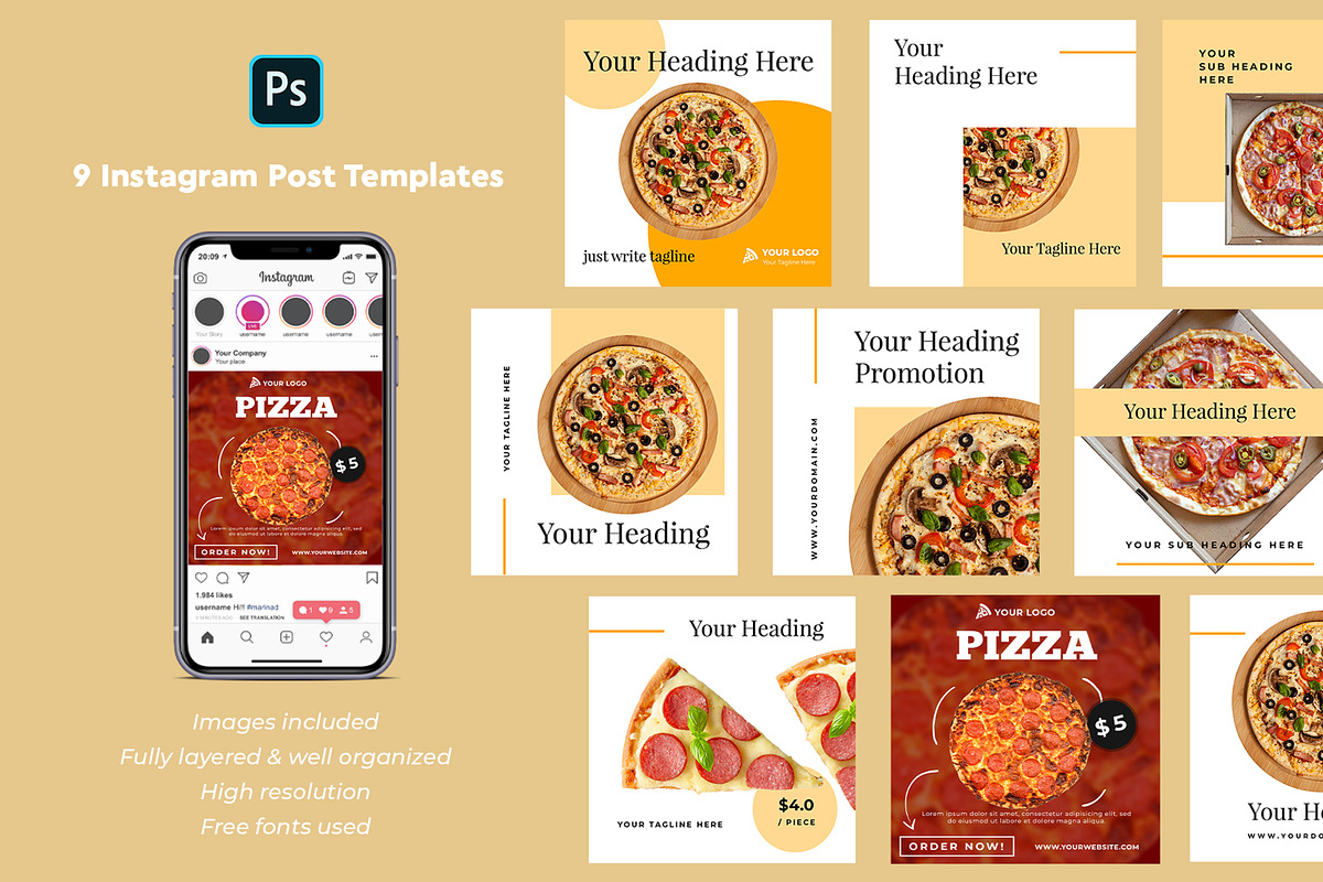 Pizza Instagram Post Template Pack#1, a Social Media Template by relineo.mock-ups