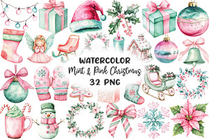 Mint & Pink Christmas Clipart, an Illustration by CraftArtStudio