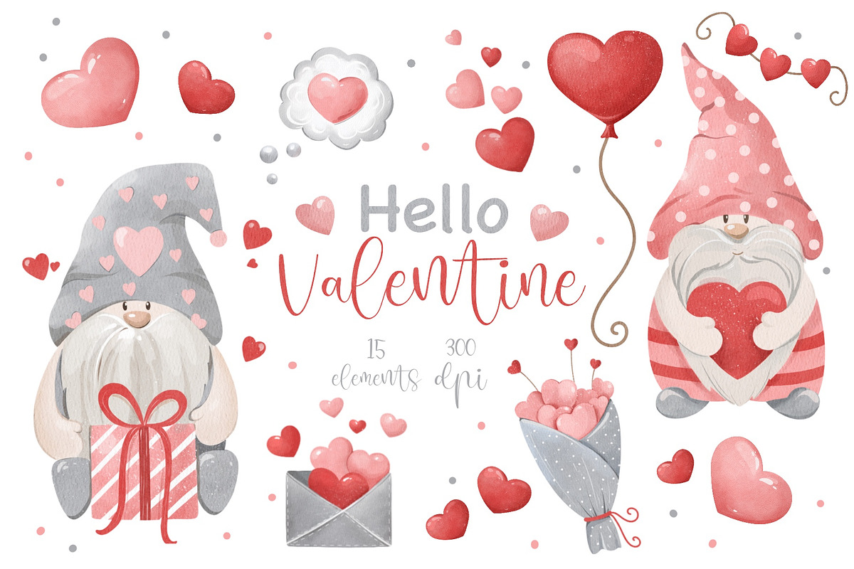 Watercolor Valentine Gnomes Clipart, a Seasonal Illustration by ArtGiftsStudio (Photo 1 of 4)