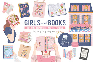 Book Lovers Clipart. Girls and Books, an Object Illustration by VerAna