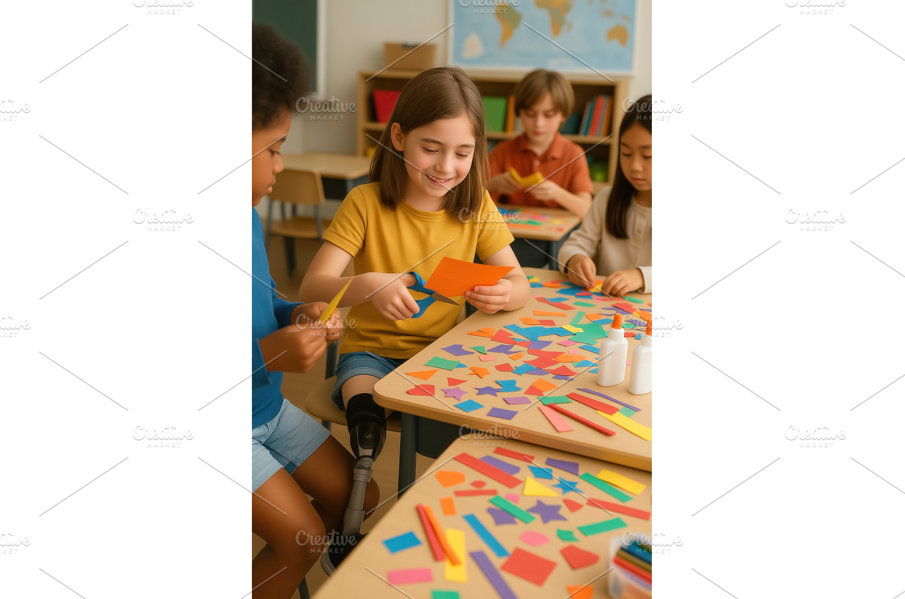 Diverse children, including a girl, a School & Education Photo by Sergey Kotenev