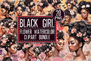 Black Girl Flower Watercolor Clipart