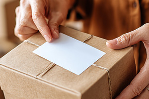 Person holding a small cardboard box with a blank label ready for delivery, a Photo by AlyaAnd
