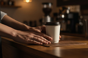 Barista placing a takeaway coffee, a Food & Drink Photo by professorinc