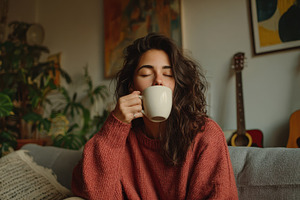 Woman relaxing on couch drinking cof, a Photo by Pixeness Studio