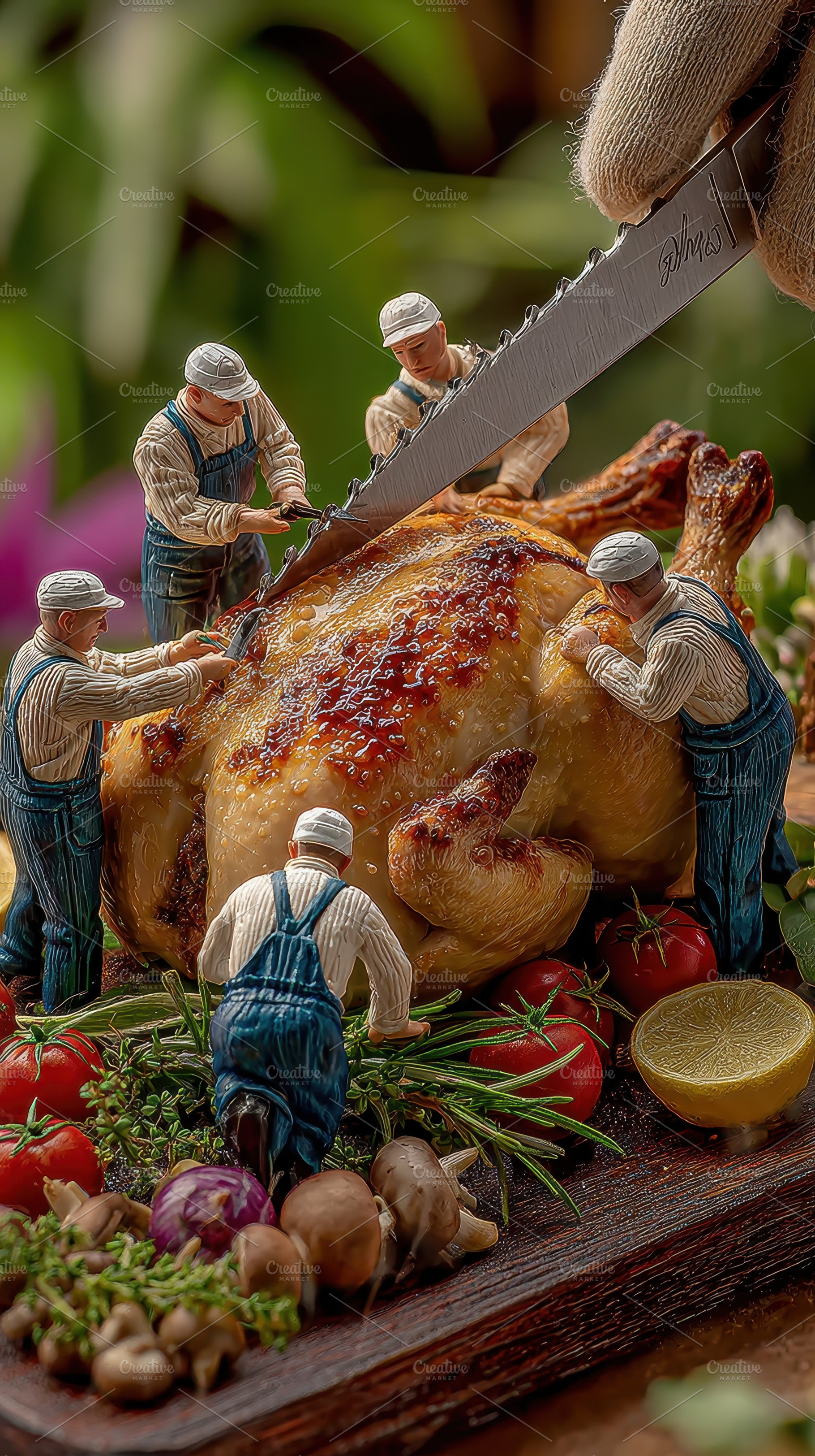 Miniature Workers Butchering Roasted, a Photo by Pixeness Studio