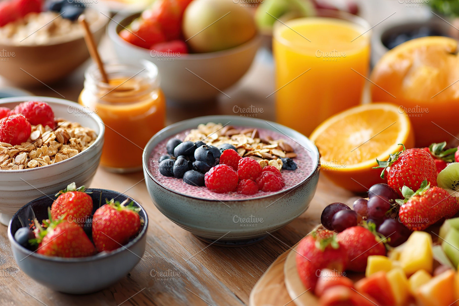 Chia pudding breakfast spread featuring fresh fruits and healthy, a Food & Drink Photo by AlyaAnd
