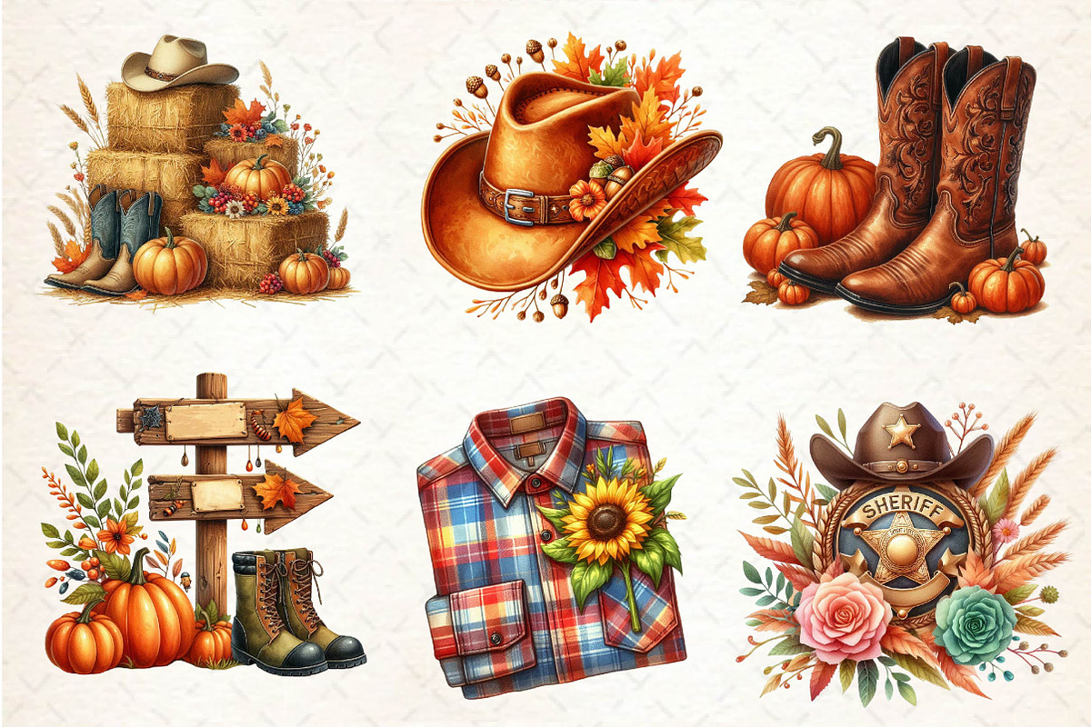 Watercolor Cowboy Autumn Clipart, an Illustration by Dream Creation (Photo 5 of 6)