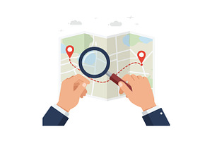 Hands holding a map with a magnifyin, an Illustration by designvectx