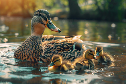 Duck and ducklings swimming into the pond, an Animal Photo by AlyaAnd
