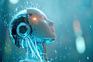 Humanoid robot head on blue background, a Technology Photo by AlyaAnd