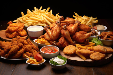 Assorted fast food including chicken, a Photo by Iftikhar Alam