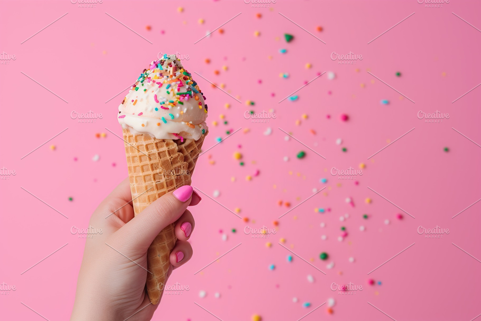 Ice cream with sprinkles in waffle cone in female hand, a Food & Drink Photo by AlyaAnd