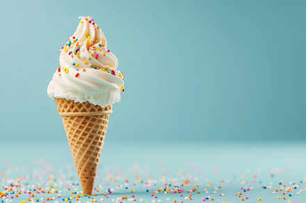 Ice cream with sprinkles in waffle cone on blue background, a Food & Drink Photo by AlyaAnd