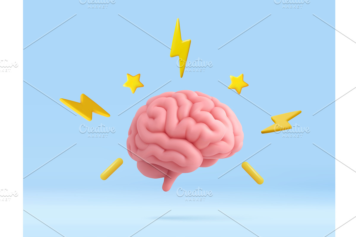 3D Brain with Lightning Bolts and, an Education Illustration by ModVector