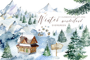 Winter woodland Clipart, Evergreen