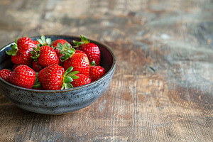Red strawberries in bowl on wooden table, a Food & Drink Photo by AlyaAnd