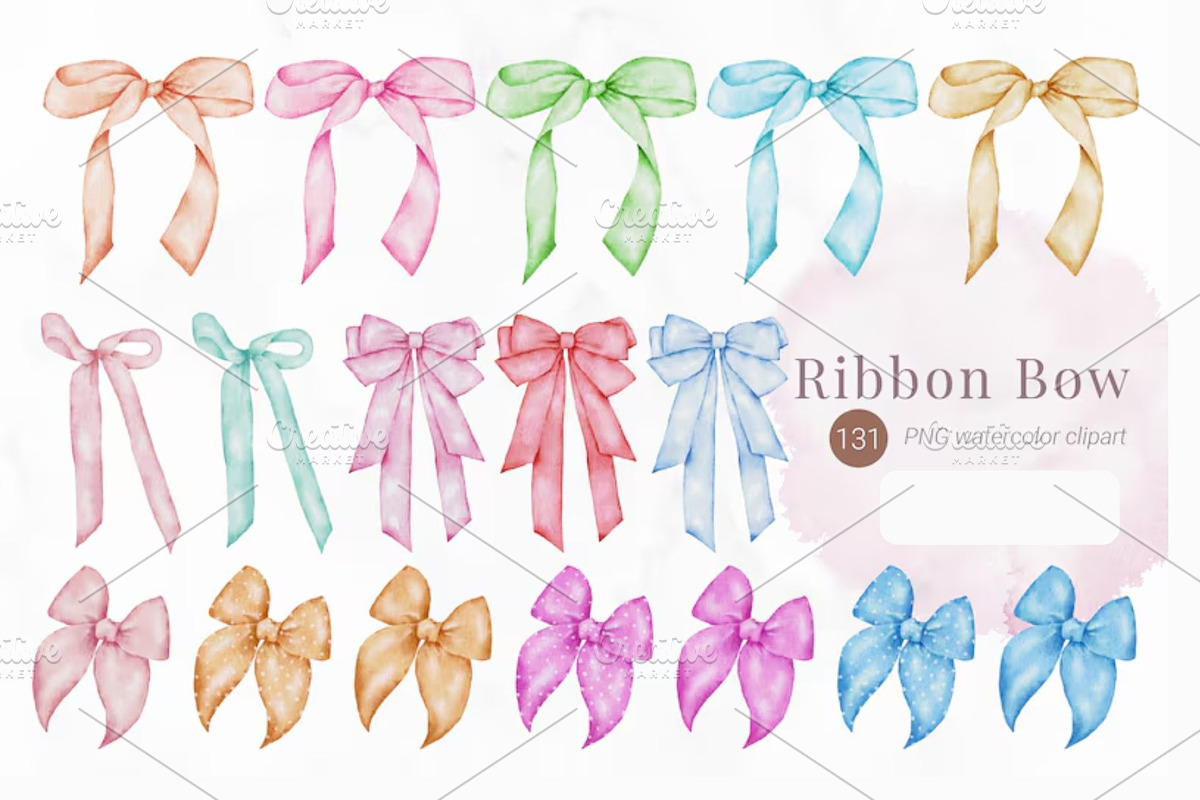 Watercolor Ribbon Bow Bundle, a Decorative Illustration by Stellalunarts (Photo 1 of 7)