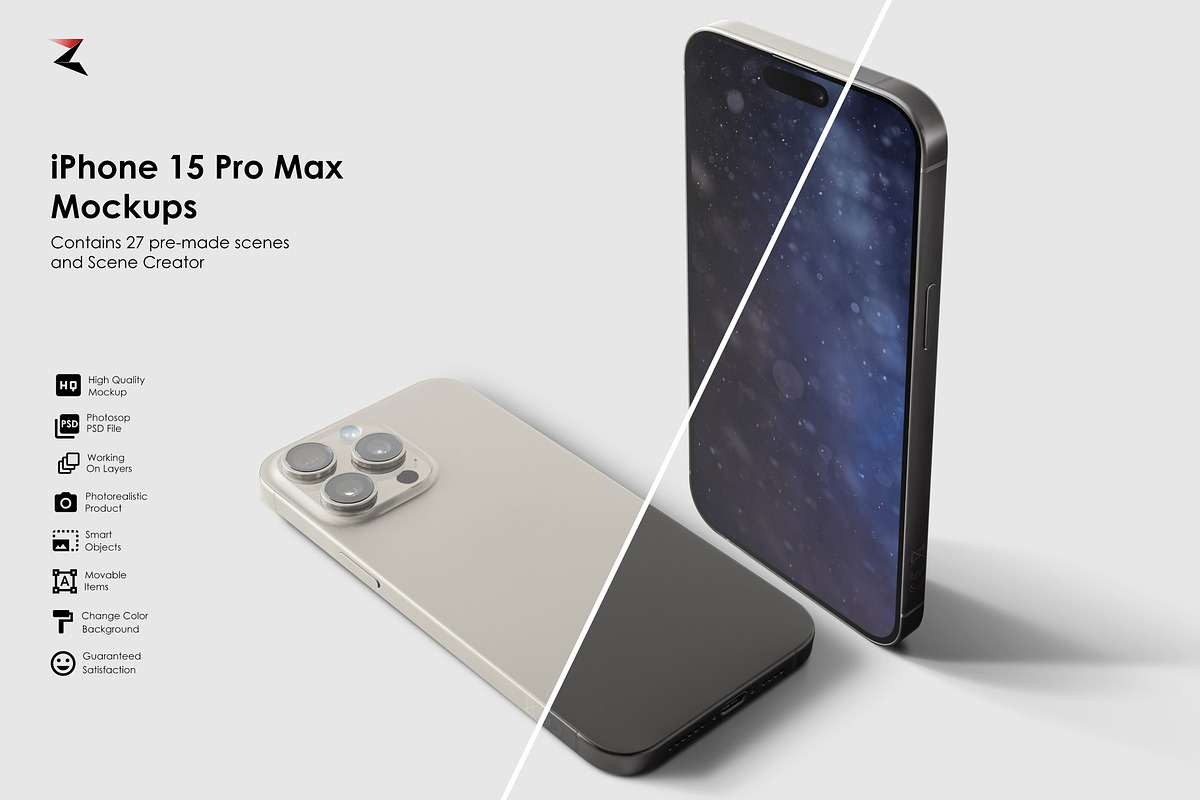 iPhone 15 Pro Max Mockup 6K, an iPhone Mockup by Zabiegala MP (Photo 2 of 24)