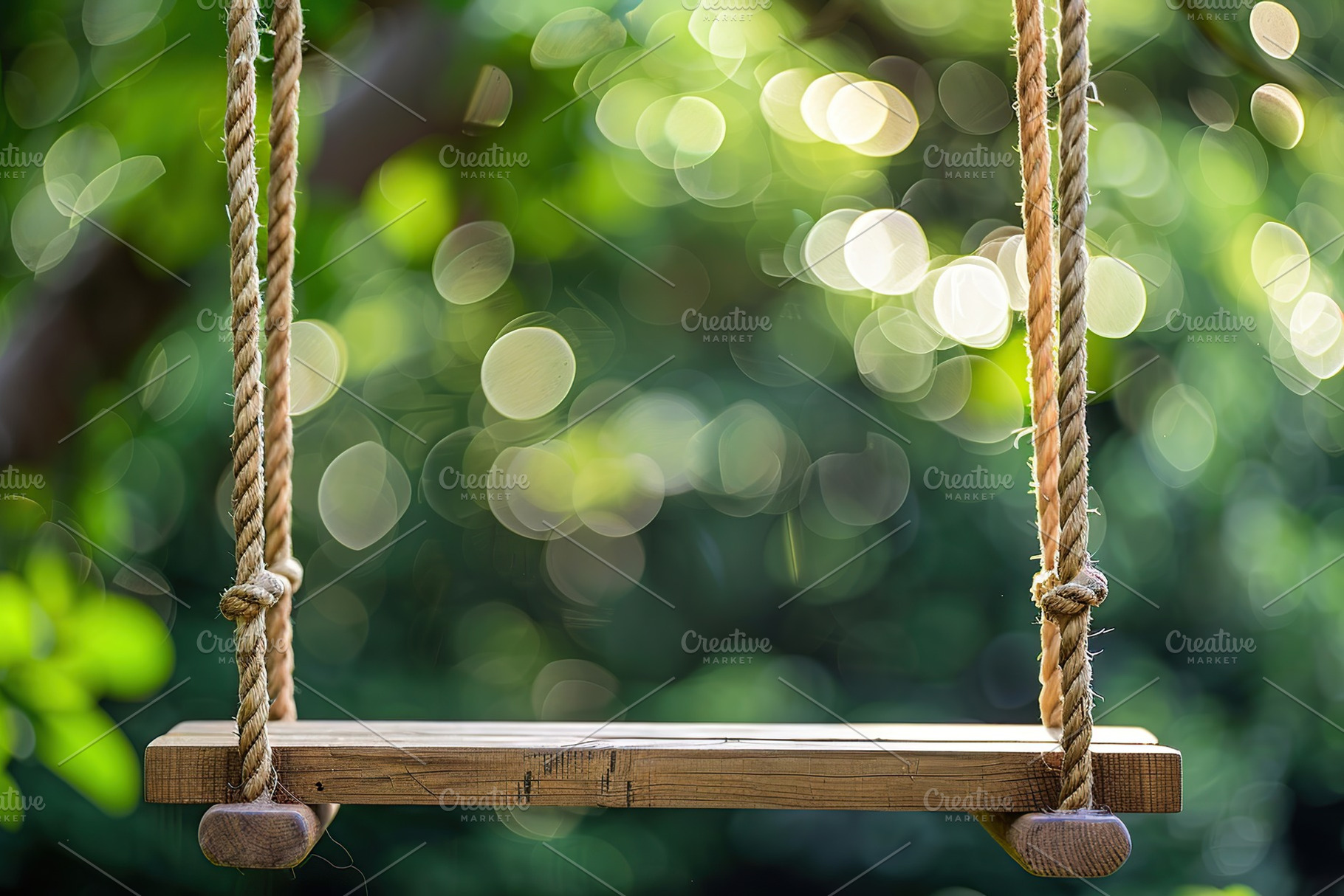 Wooden swing with rope on blurred green background, a Nature Photo by AlyaAnd