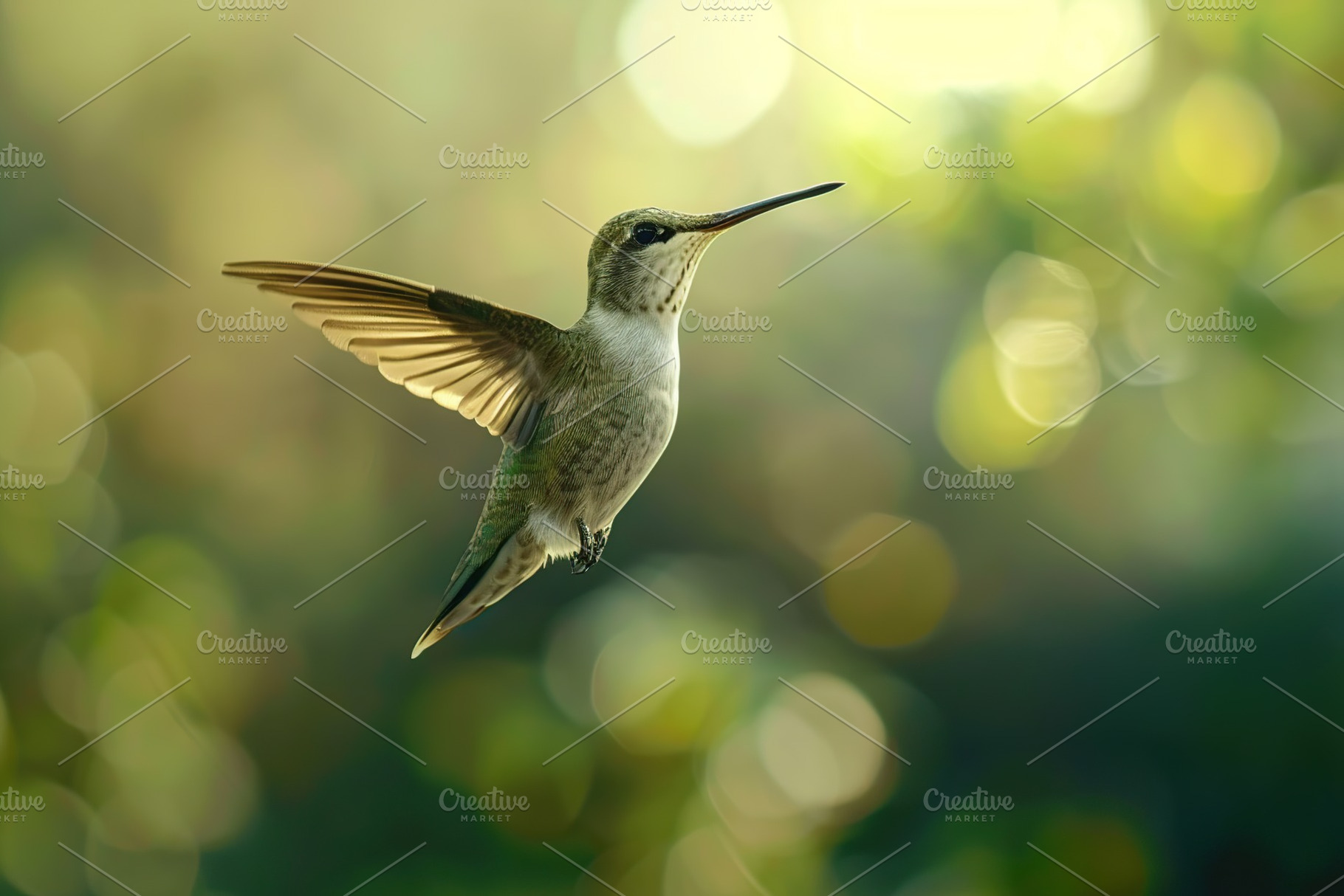 Hummingbird hanging in the air on blurred green background, an Animal Photo by AlyaAnd