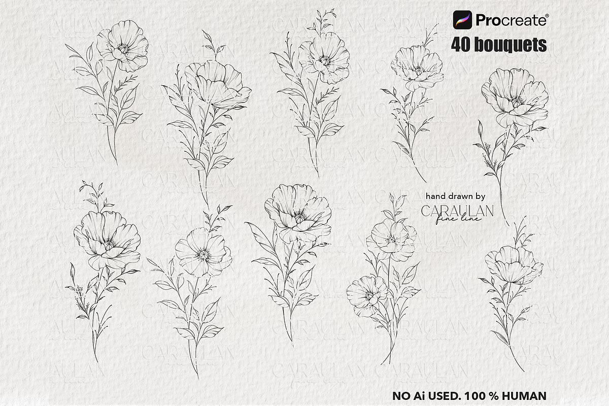 Poppy Fine Line Procreate Stamps, a Brush Add-On by CaraulanStore (Photo 4 of 8)