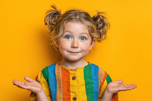 Cheerful little girl with pigtails and striped rainbow dress mak, a Person Photo by José Manuel Gelpi