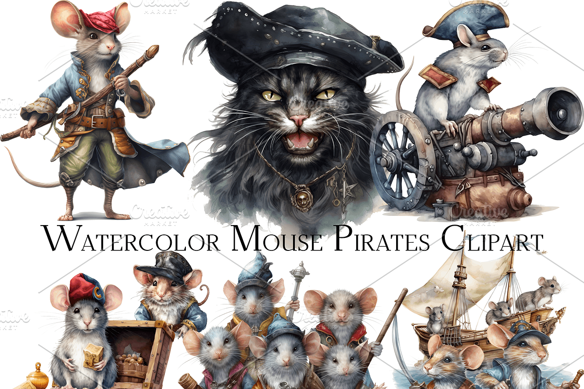 Watercolor Mouse Pirates Clipart, an Object Graphic by ArtisticTimberStudio