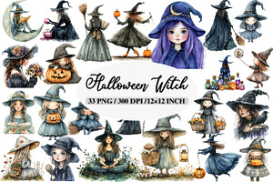 Watercolor Halloween Witch Clipart, an Illustration by Daily.Designs