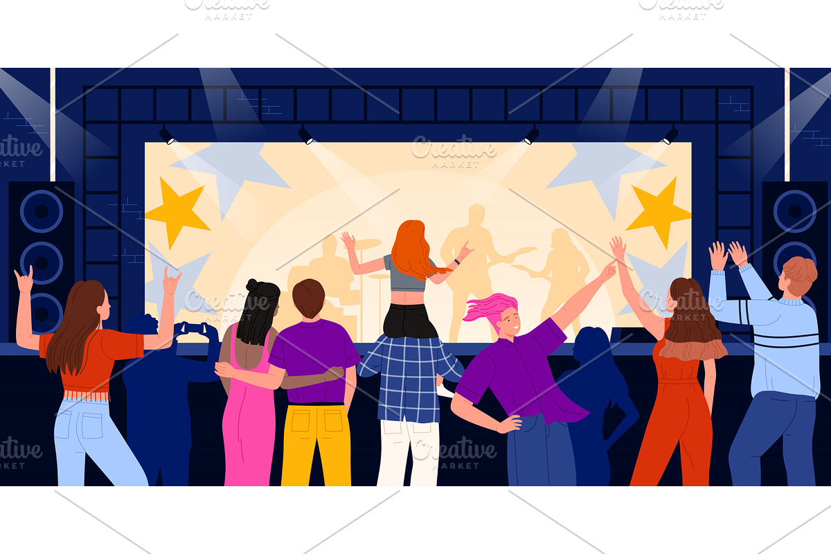 Rock concert, festival with crowd of, a Person Illustration by Flashvector