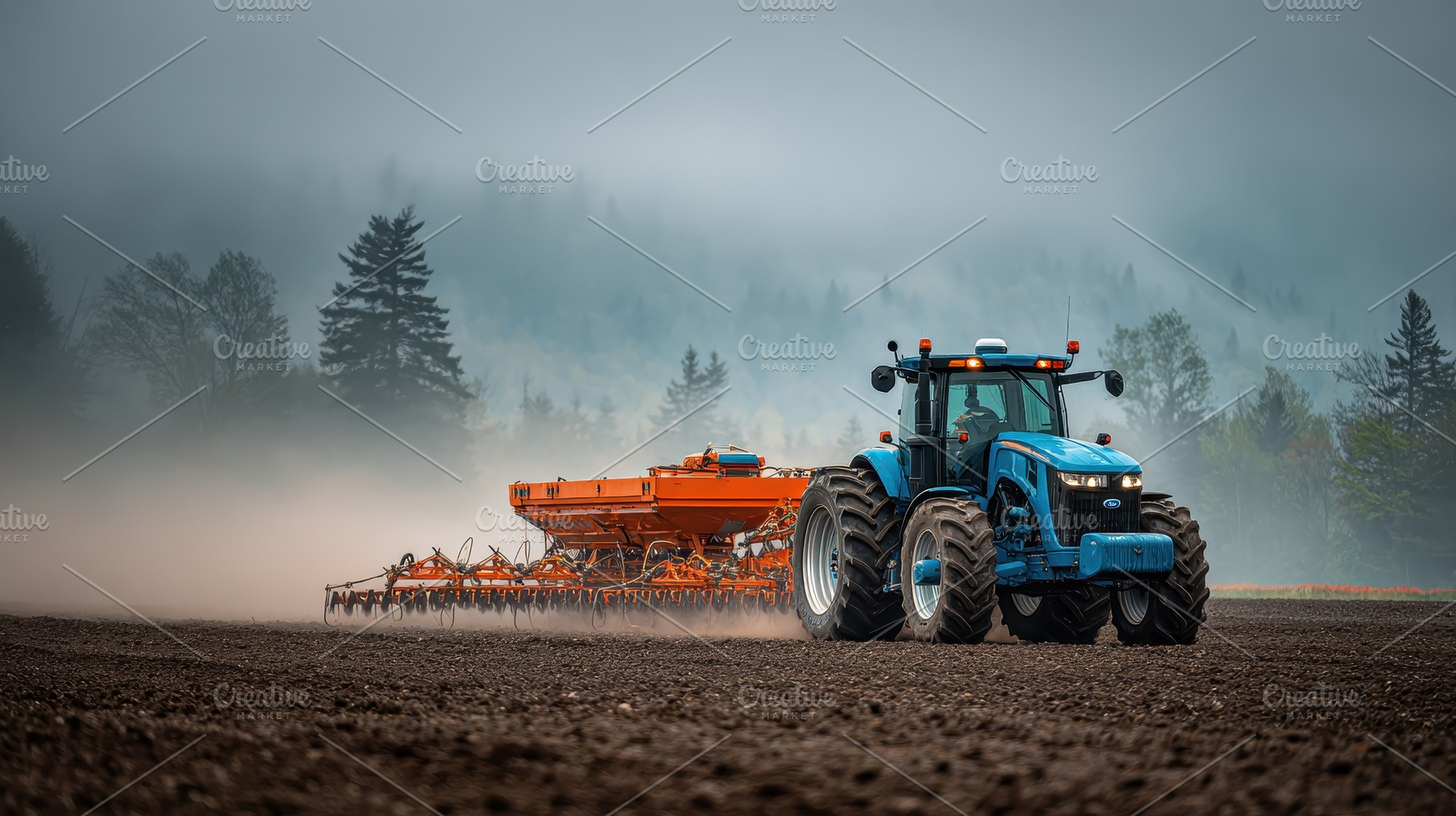 Blue tractor planting seeds in foggy, a Photo by Pixeness Studio