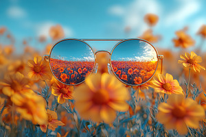 Reflection of a vibrant flower field in sunglasses at sunset, a Nature Photo by AlyaAnd