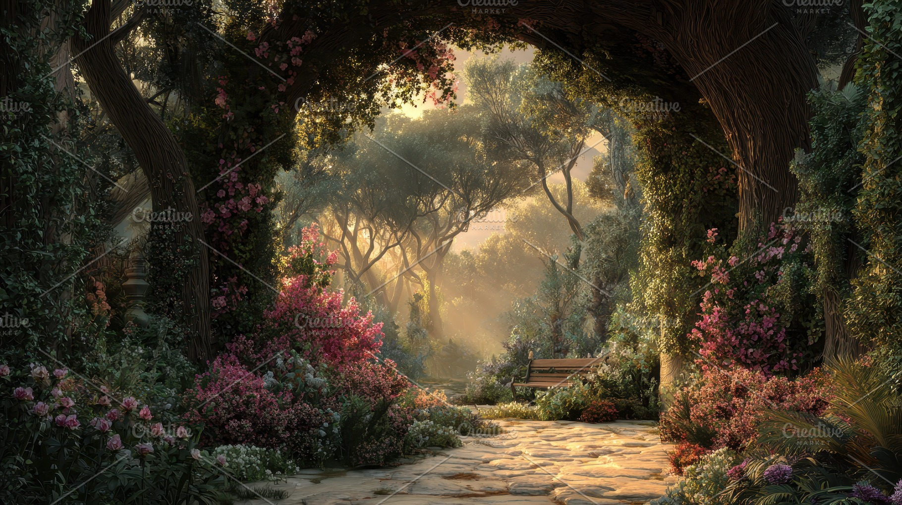 Nature path with flowers and trees, a Photo by Pavel_design