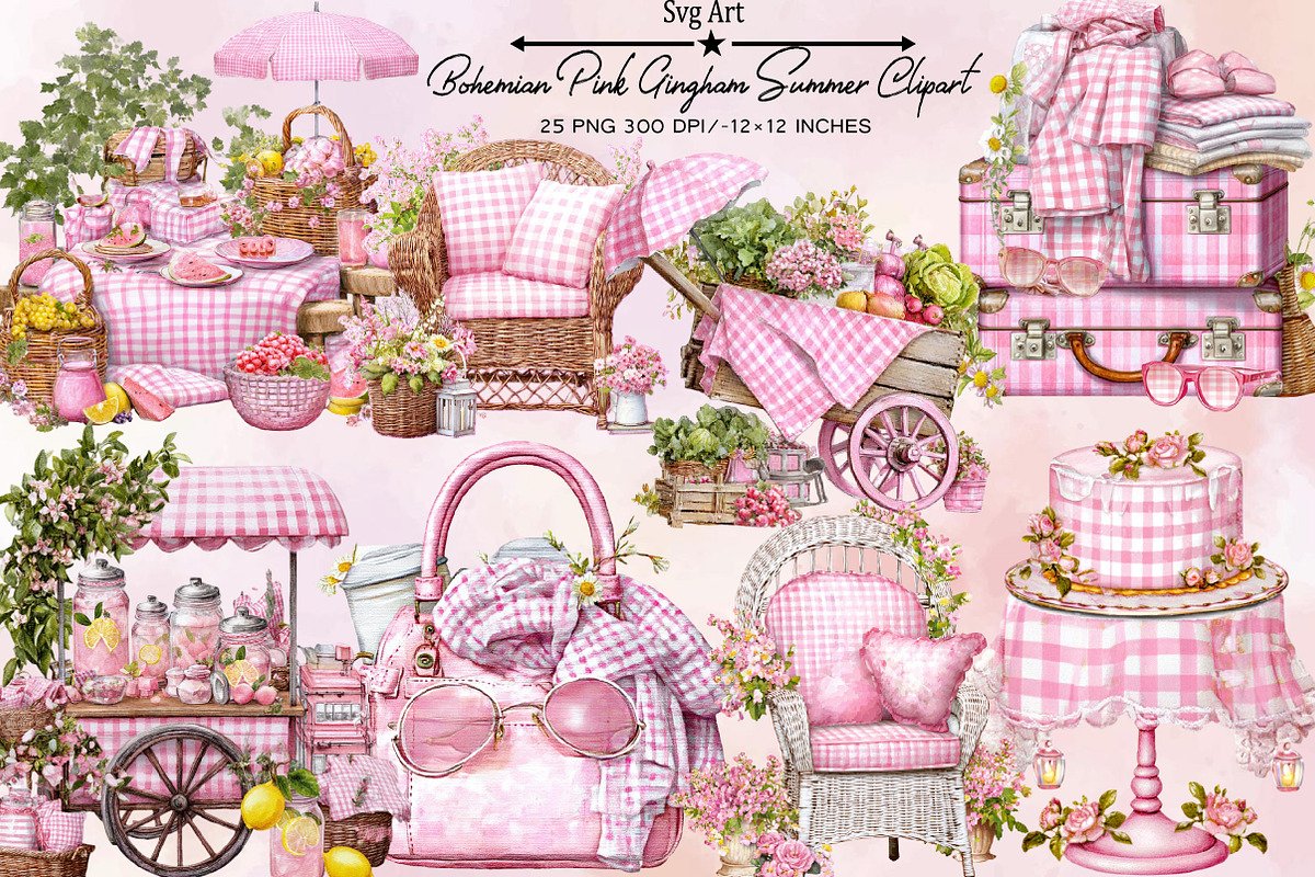 Bohemian Pink Gingham Summer Clipart, an Illustration by SVGArt (Photo 1 of 9)