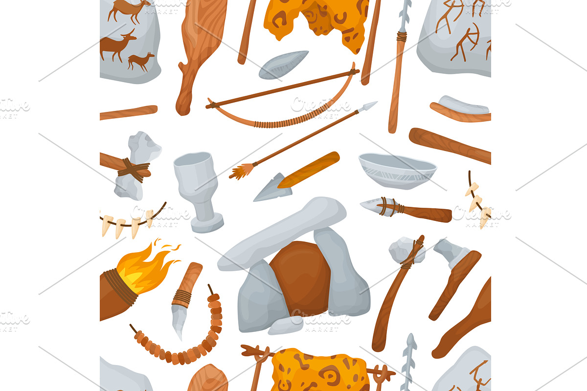 Stone age tools seamless pattern, an Illustration by Valerie Bodnar