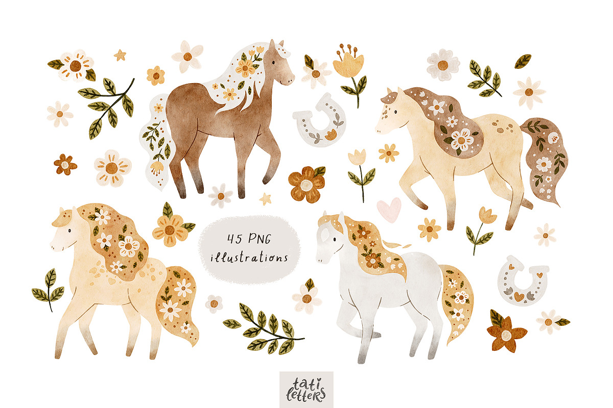 Floral horse clipart & patterns, an Animal Illustration by tatiletters (Photo 9 of 9)