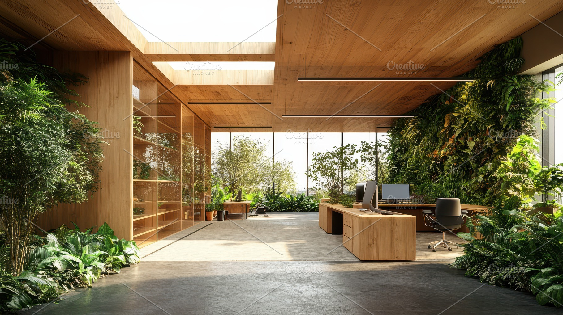 Office space integrates nature with, a Photo by Pixeness Studio