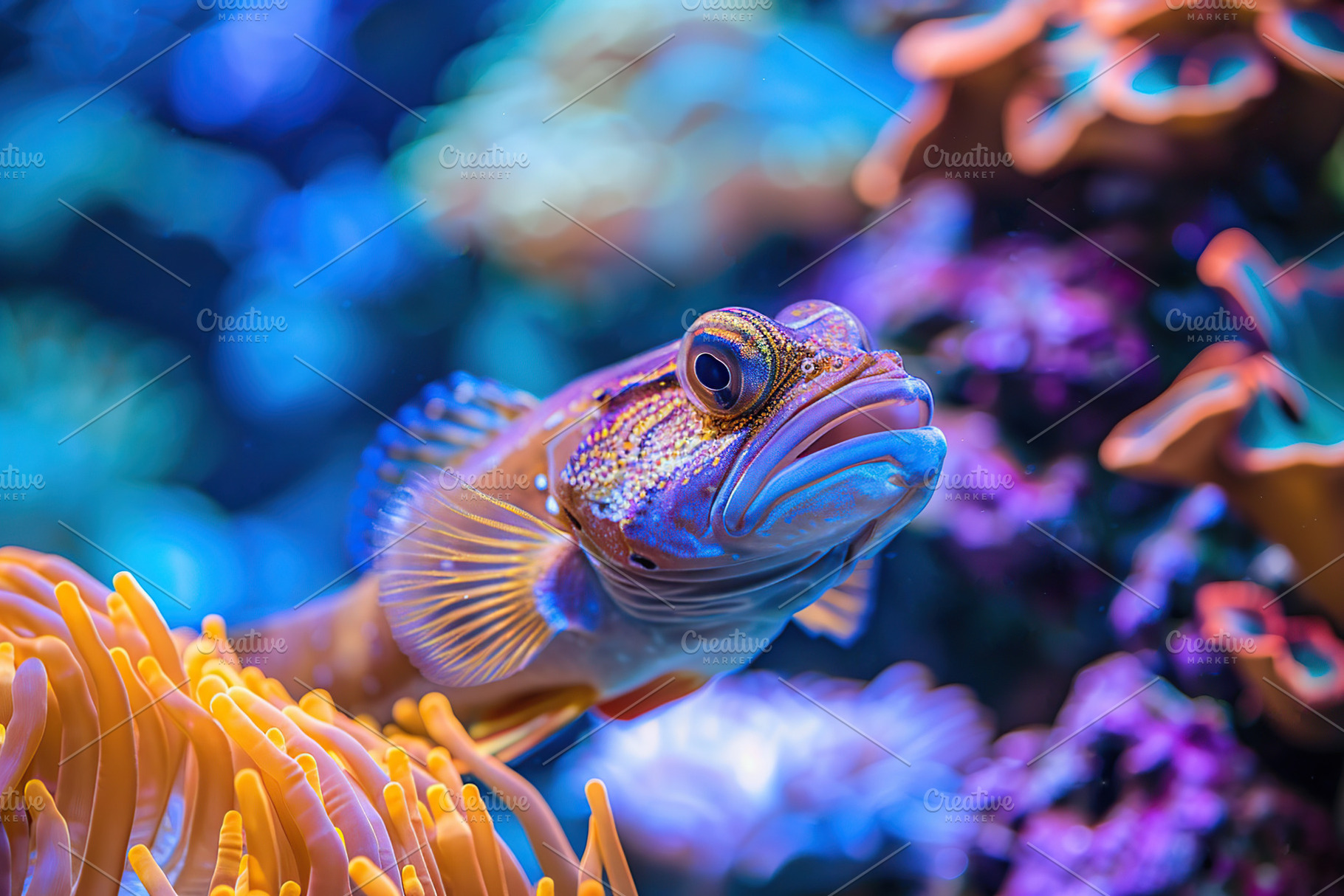 Jawfish in aquarium with blue water and corals, an Animal Photo by AlyaAnd