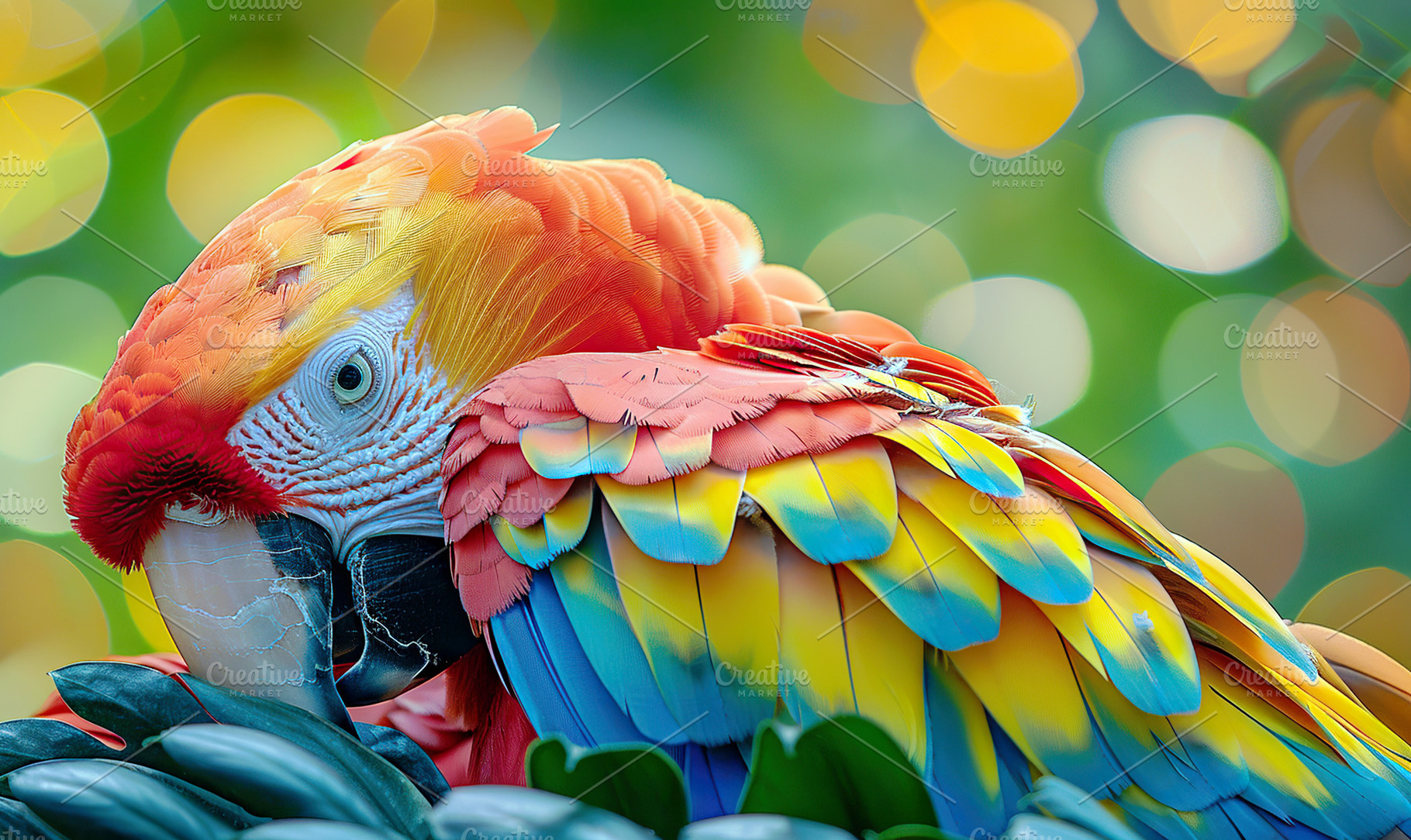 A colorful macaw on a branch amid be, a Photo by LOGOCREATIVE