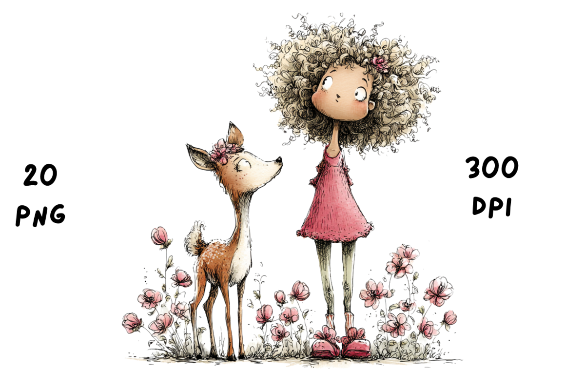 Whimsical Floral Girl & Deer Clipart, an Animal Illustration by GiraffeCreative (Photo 8 of 20)