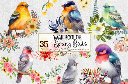 Watercolor Spring Birds Flowering