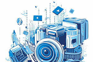 Stylized illustration of smartphone and camera with video content elements, an Illustration by AS photostudio