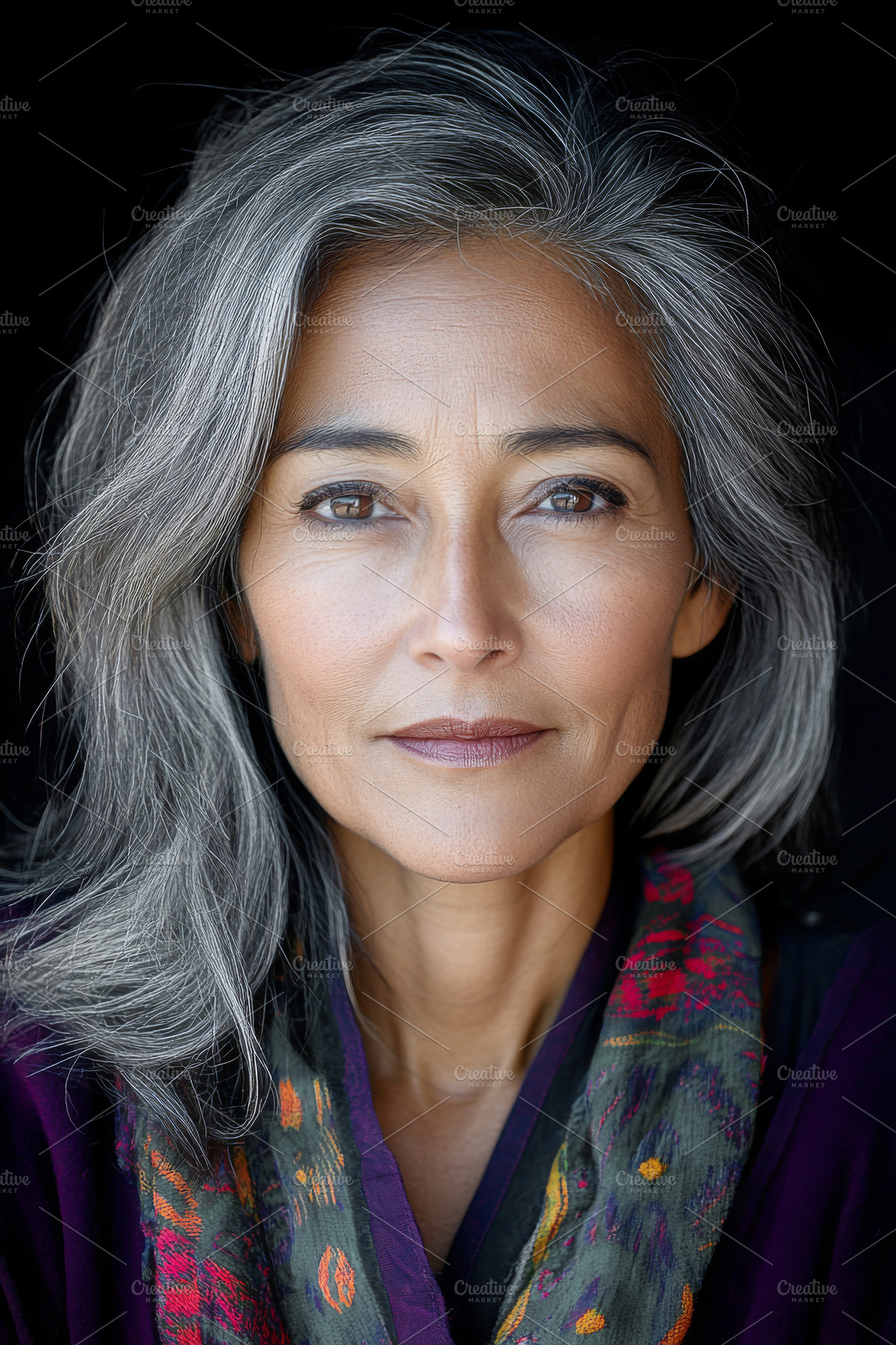 Latin woman in her 40s with gray hai, a Photo by Dvoevnore photos