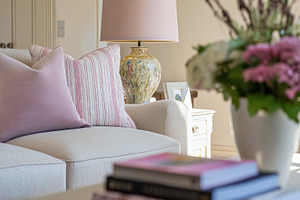 Living room sofa with pink accent pillows, floral lamp, and fresh flowers creat, an Architecture Photo by Studio ANNA