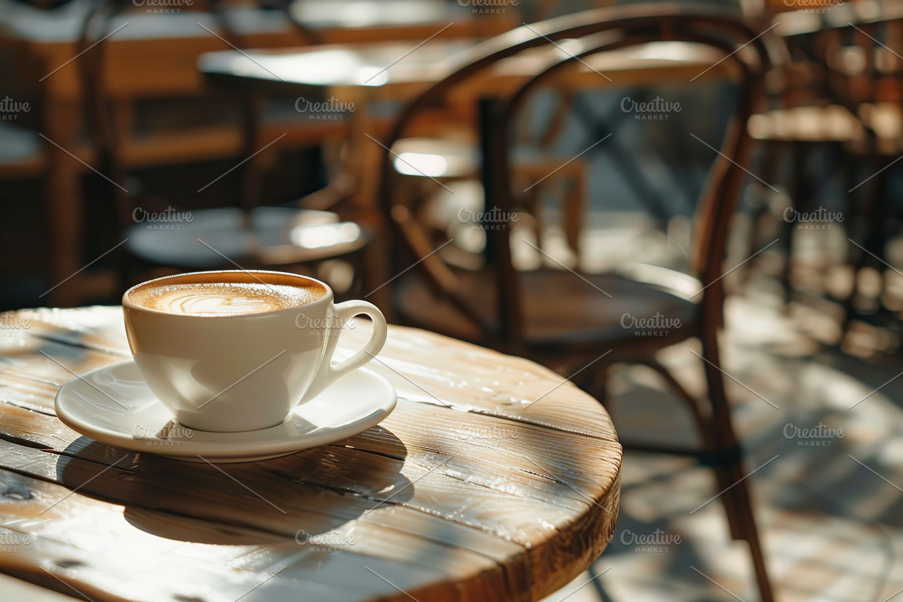 Cup of coffee on table in cafe on blurred background, sunlights and outdoors, a Food & Drink Photo by AlyaAnd