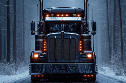 A powerful black truck with prominent headlights parked on a snowy road surroun, a Transportation Photo by Textures & Backgrounds